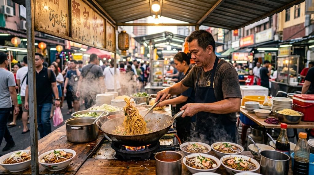 Hawker food stall with steaming noodle dishes in Kuala Lumpur