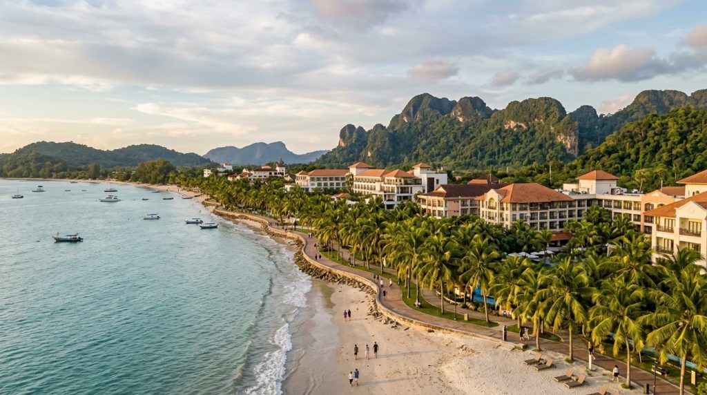 Row of waterfront hotels and palm trees along the coast in Langkawi