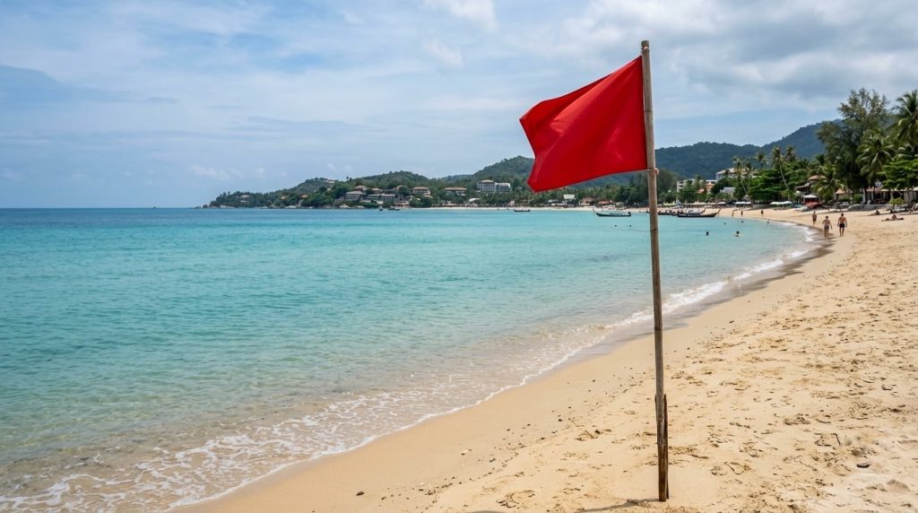 Red warning flag on the sand at Chaweng Beach, Koh Samui