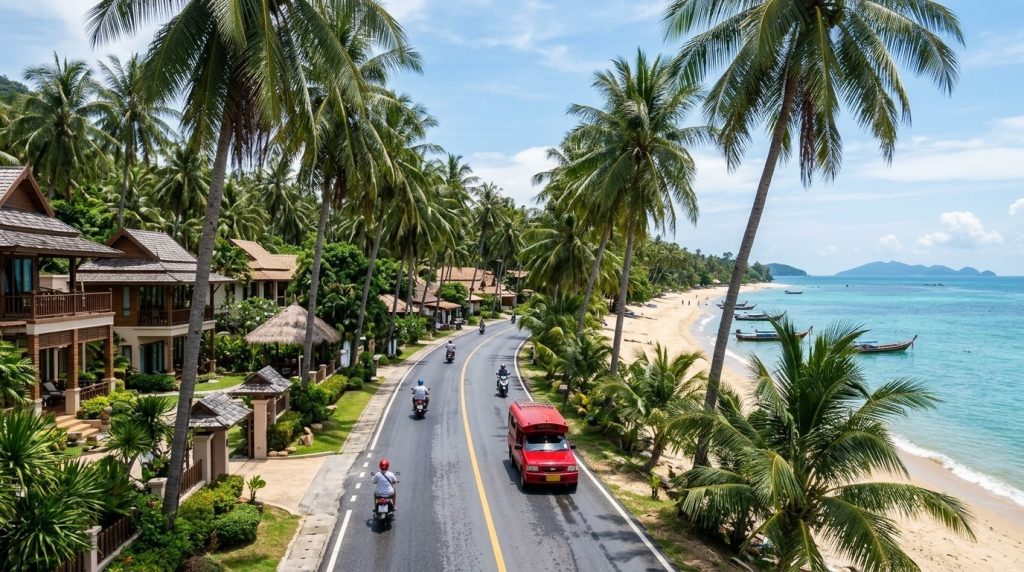 Palm-lined beachfront road with resorts along the coast of Koh Samui