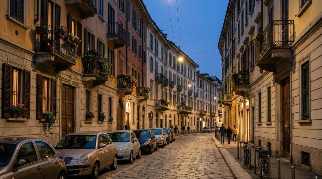 Quiet residential street with apartment buildings in central Milan