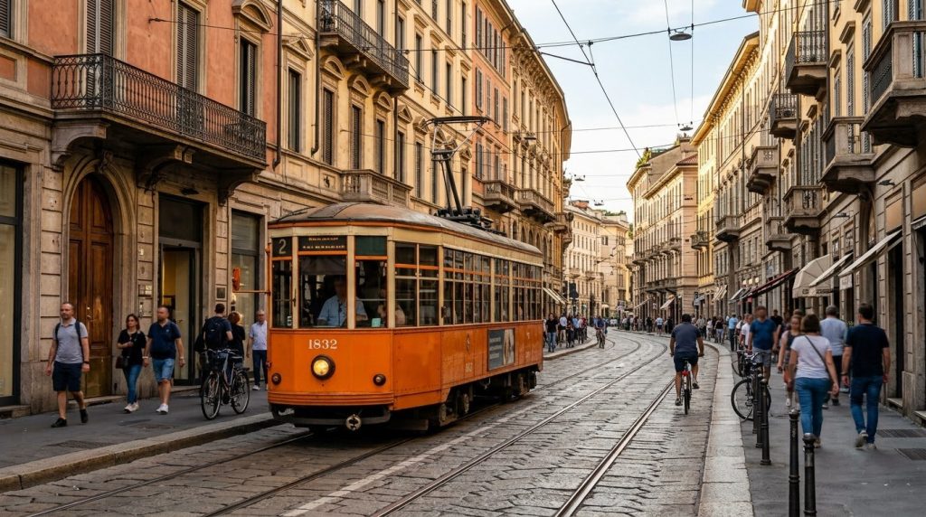 Classic orange tram traveling down a street in central Milan