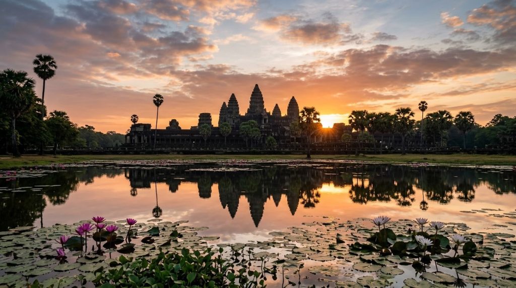 Sunrise over Angkor Wat's towers reflected in the lotus pond