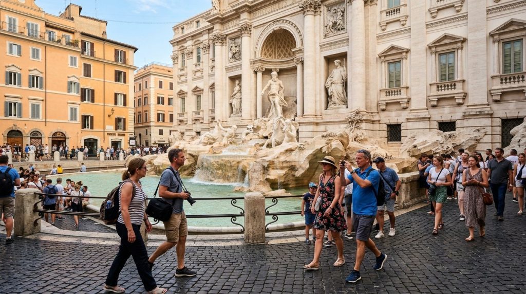 Tourists walking past the Trevi Fountain in Rome on a bright morning