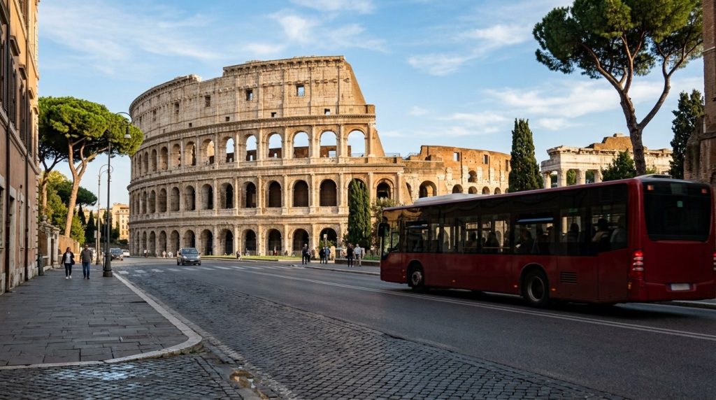 City bus passing the Colosseum on a quiet Rome street