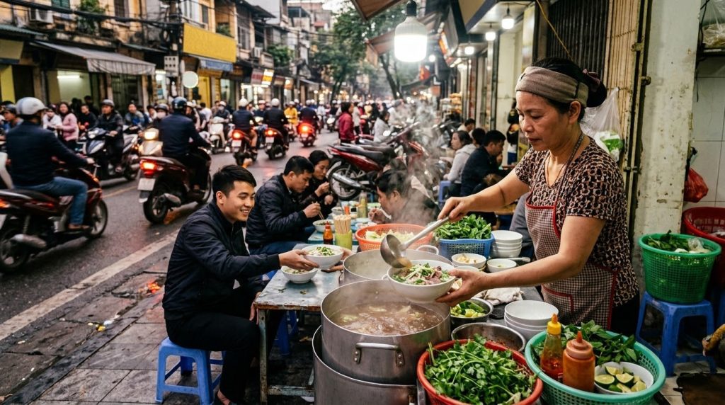 Street food vendor serving bowls of pho at a sidewalk stall