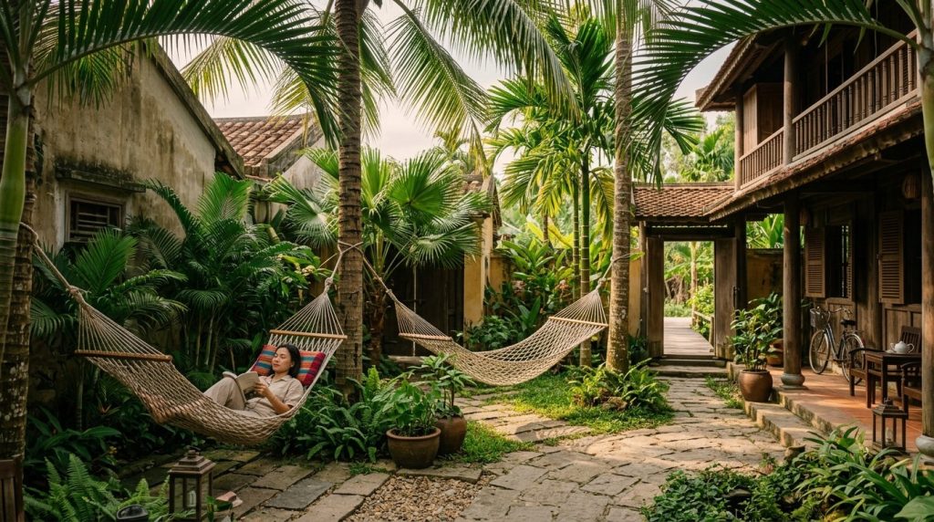 Quiet guesthouse courtyard with hammocks and palm trees in Vietnam