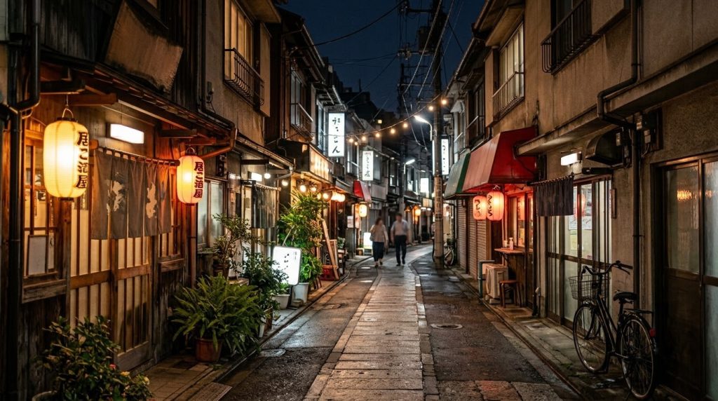 Quiet narrow street lined with small shops in a Tokyo neighborhood at night