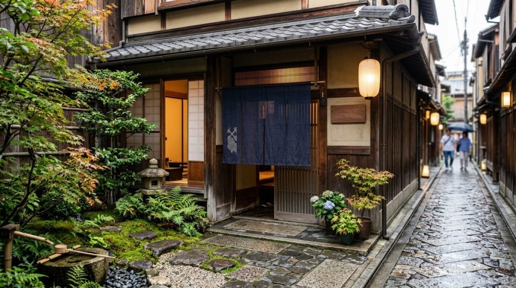 Traditional ryokan entrance with a small garden in an Asakusa side street, Tokyo