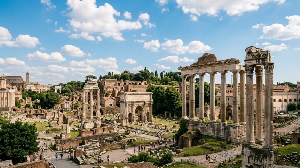 Ancient Roman Forum ruins and columns under a blue sky