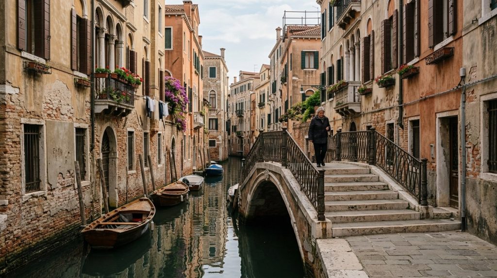 Narrow canal with a stone footbridge in a quiet corner of Venice