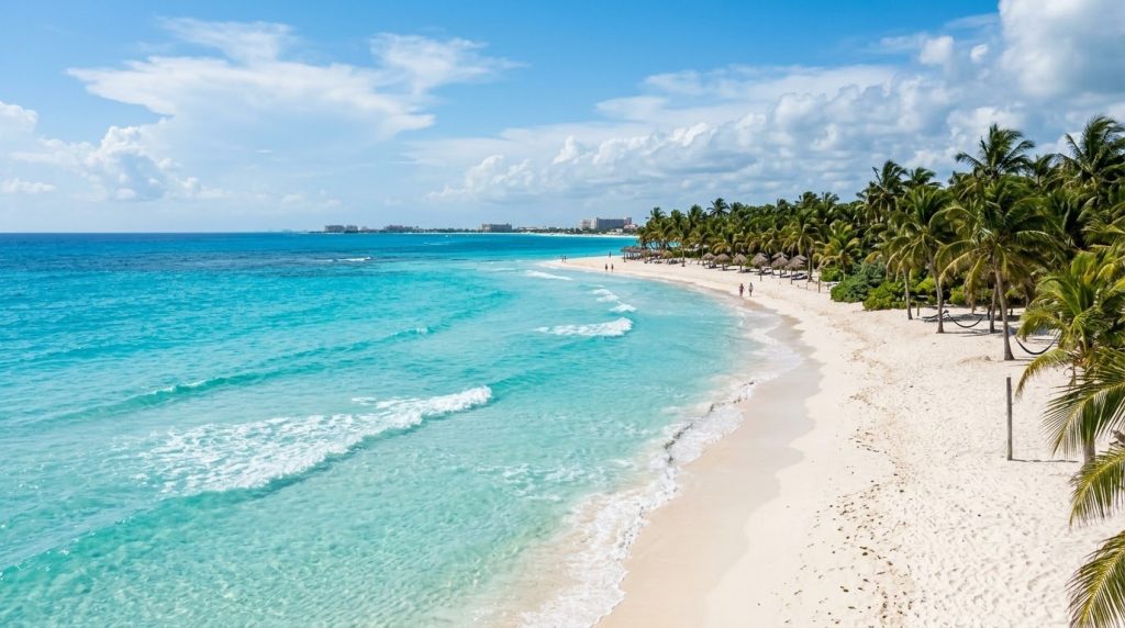 Turquoise water lapping a white sand beach in Cancun, Mexico