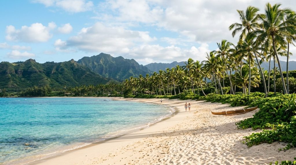 Quiet beach lined with palm trees along a turquoise Maui lagoon