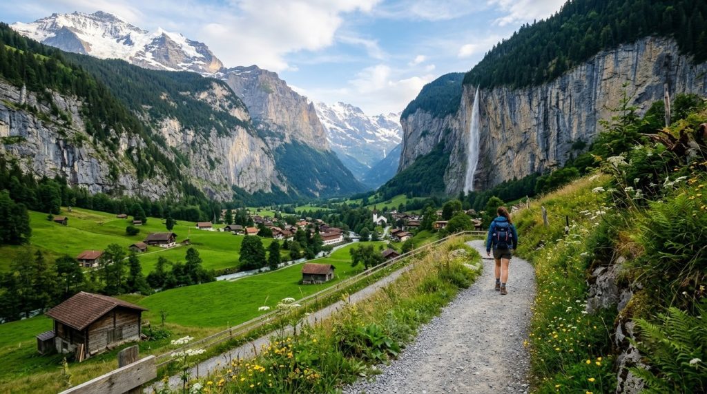 Hiking trail along a green alpine valley near Lauterbrunnen, Switzerland