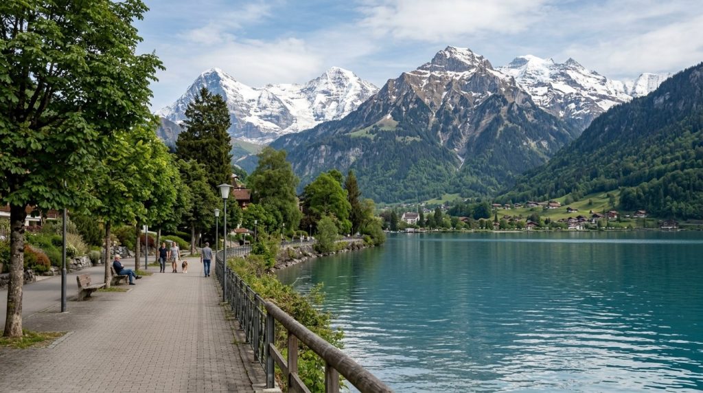 Quiet lakeside promenade with mountains behind in Interlaken, Switzerland