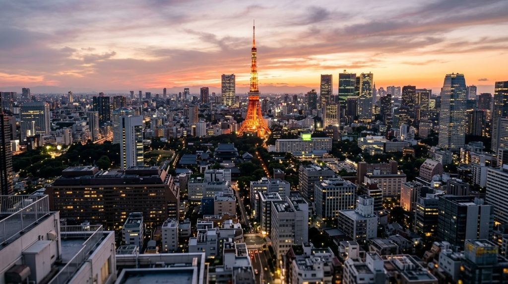 Tokyo Tower rising above the city rooftops at sunset in Tokyo