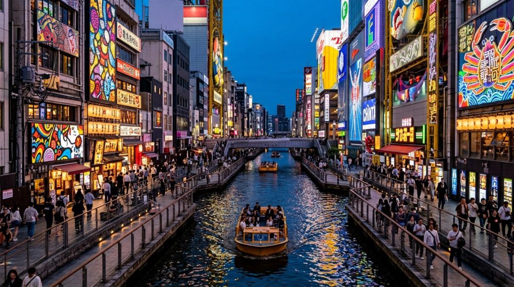 Dotonbori canal lined with neon signs and restaurants in Osaka