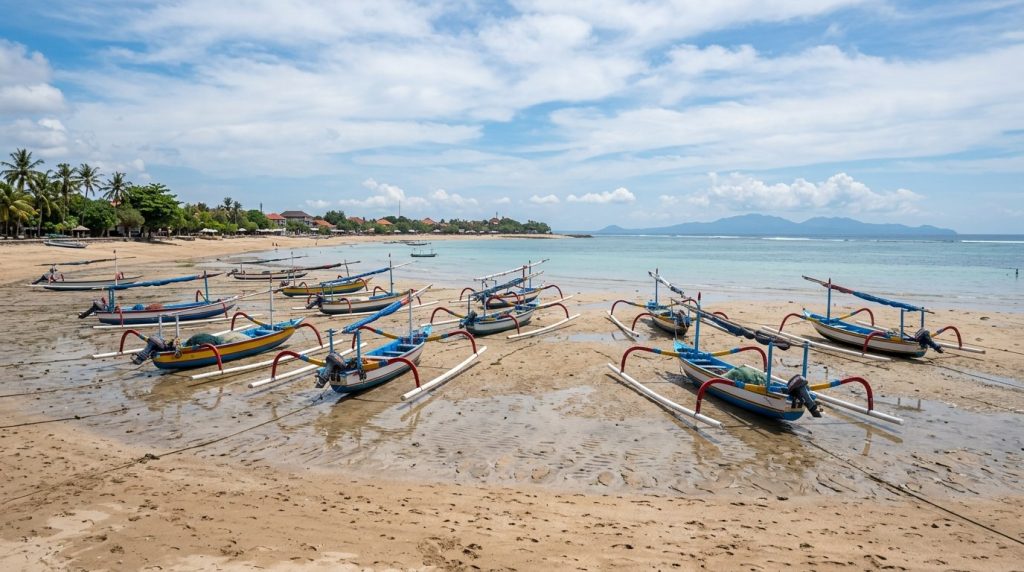 Wide shallow beach at low tide with boats resting on sand in Sanur