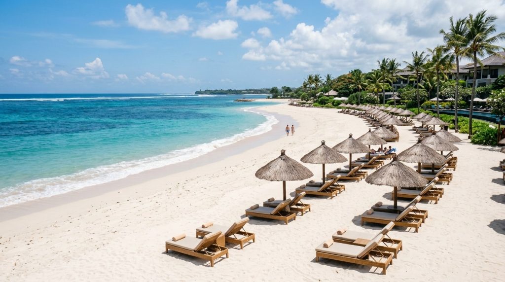 Manicured resort beach with white sand and loungers in Nusa Dua, Bali