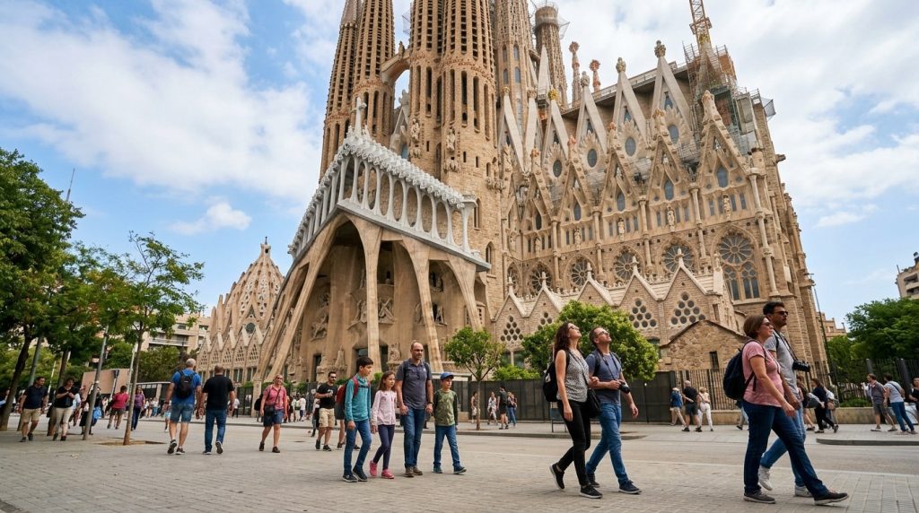Visitors walking beneath the ornate spires of the Sagrada Família