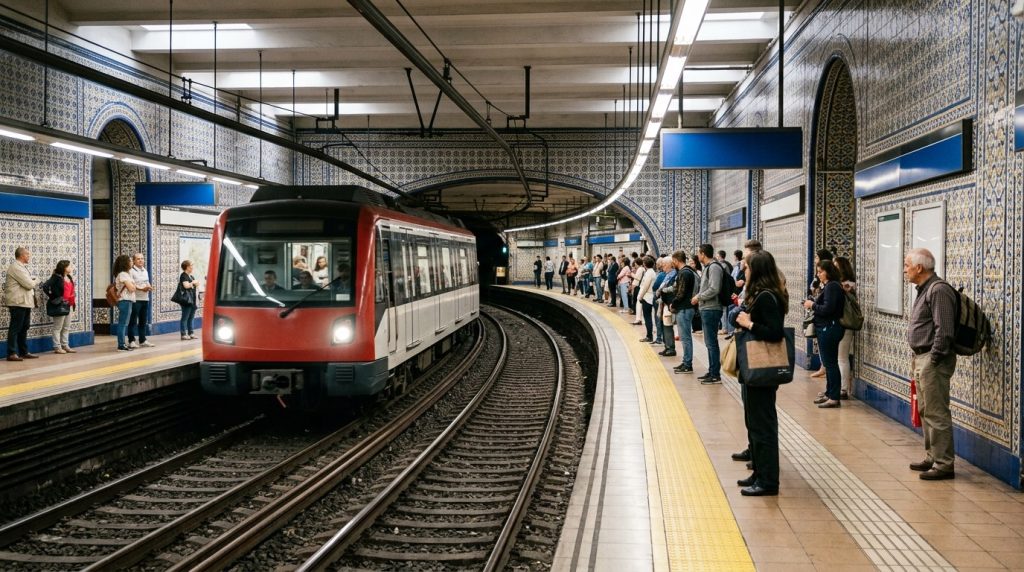Metro train pulling into a tiled station platform in Barcelona
