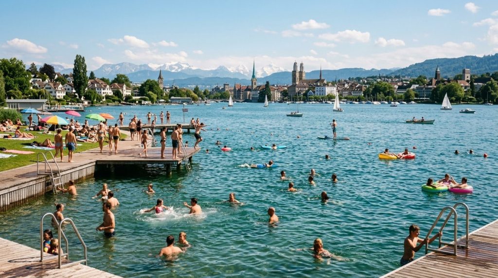 People swimming in Lake Zurich near a lido on a sunny afternoon