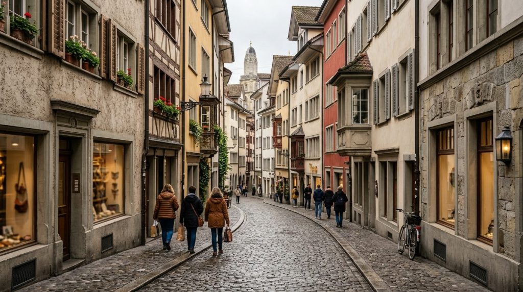 Cobblestone street in Zurich's old town lined with historic buildings