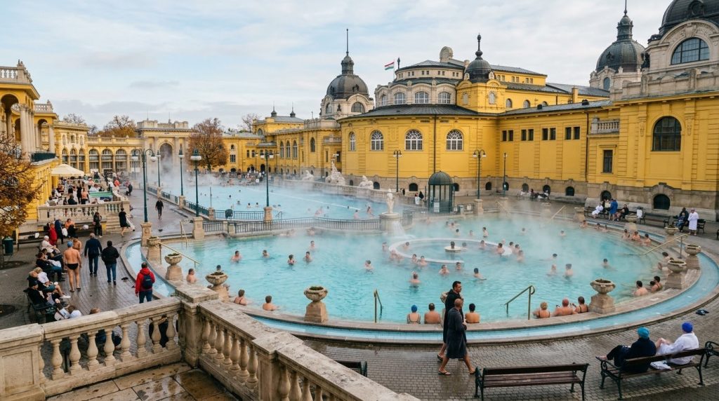 Steaming outdoor pool at the Szechenyi Thermal Baths in Budapest