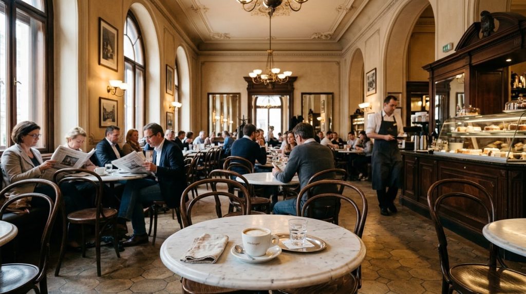 Traditional Viennese coffeehouse interior with marble tables in Vienna
