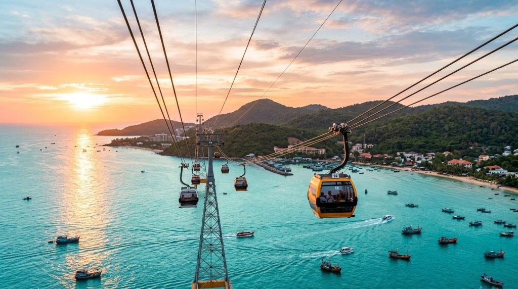 Cable car gliding over turquoise water toward Phu Quoc island