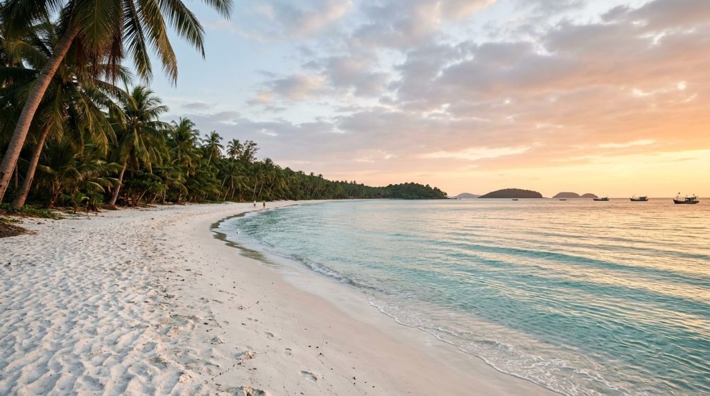 Quiet white sand beach lined with palm trees on Phu Quoc
