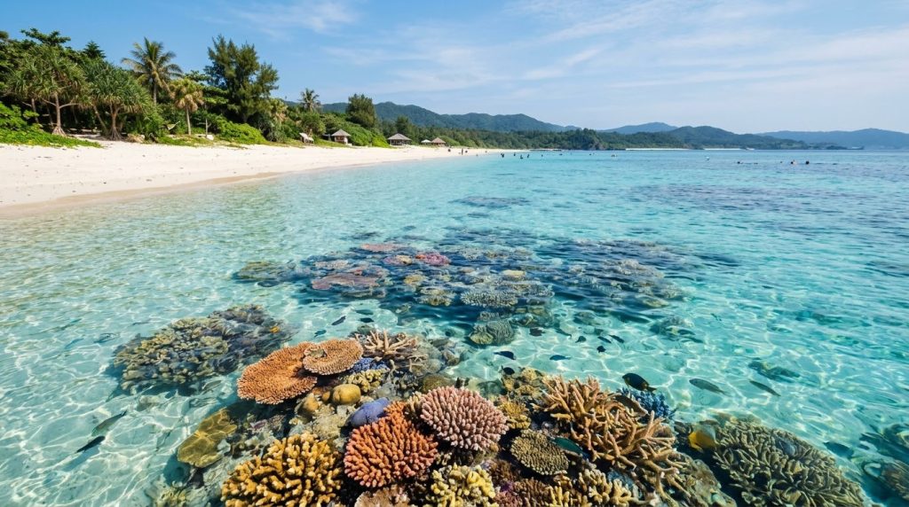 Coral reef visible through clear turquoise water off an Okinawa beach