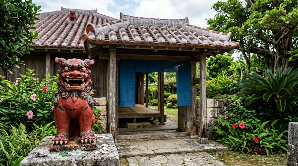 Red Shisa lion statue guarding a traditional Okinawan house entrance