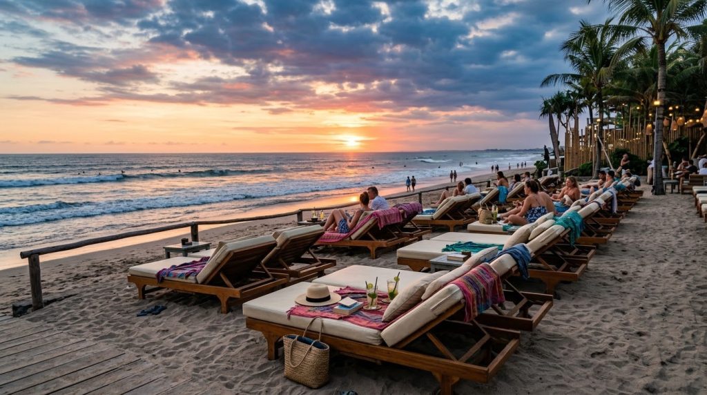 Beach club loungers facing the ocean at sunset in Seminyak
