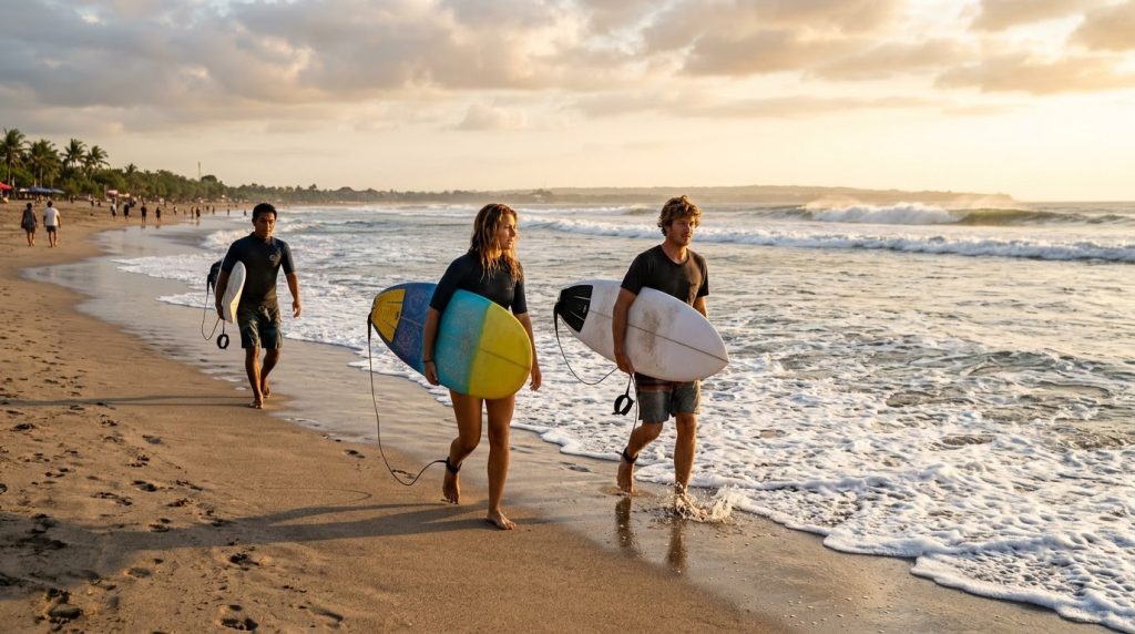 Surfers carrying boards along the sand at Kuta Beach