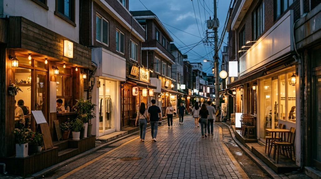 Quiet street lined with shops and cafes in Hongdae, Seoul, evening