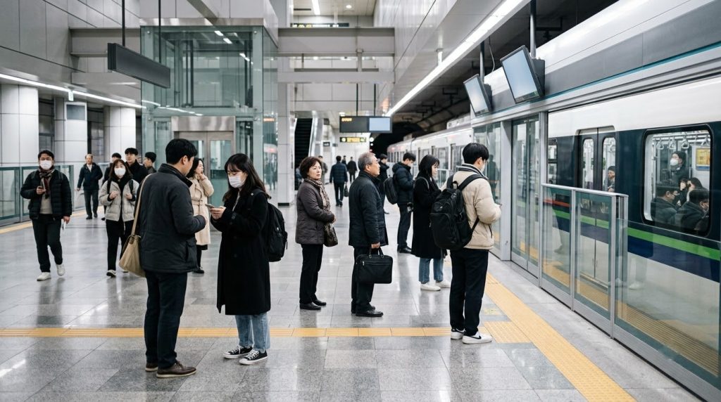 Passengers on a well-lit subway platform at a Seoul metro station
