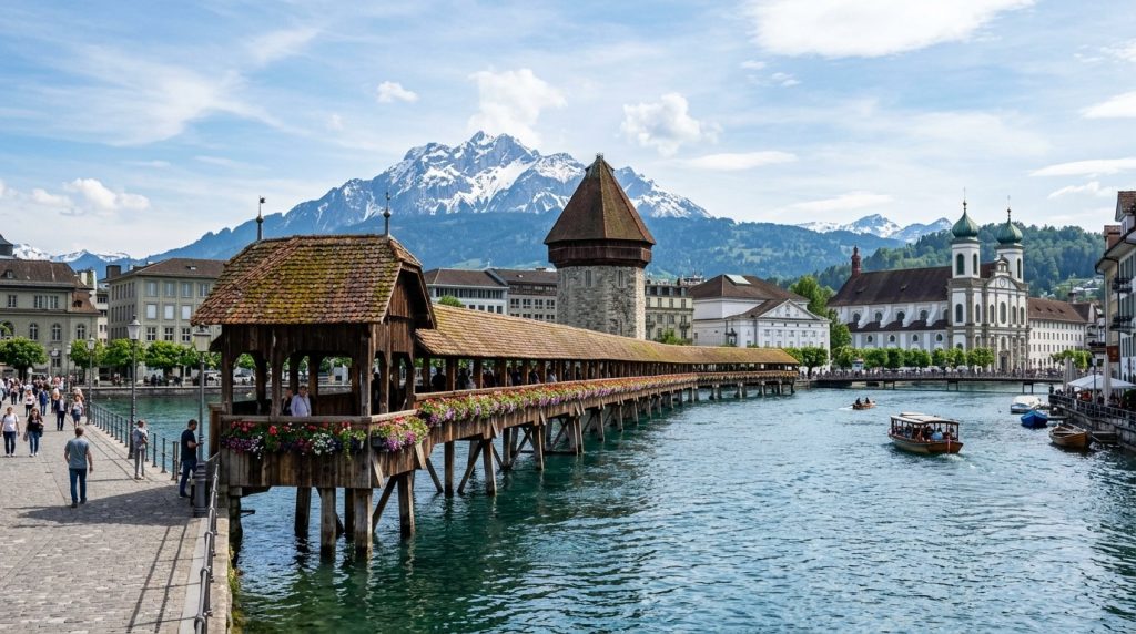 Chapel Bridge over the Reuss River with mountains behind