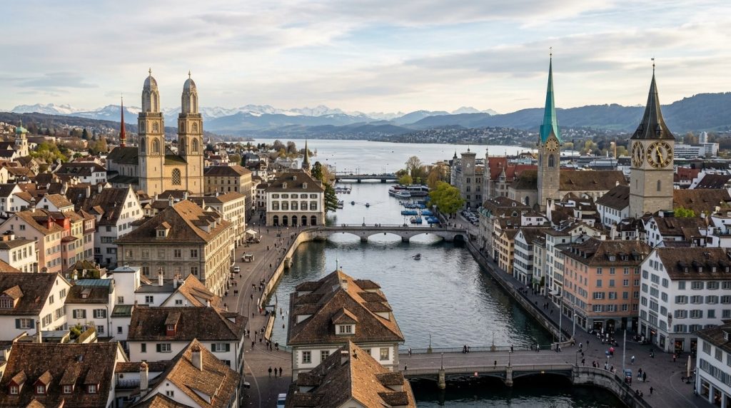 Old town rooftops and church spires along the Limmat River