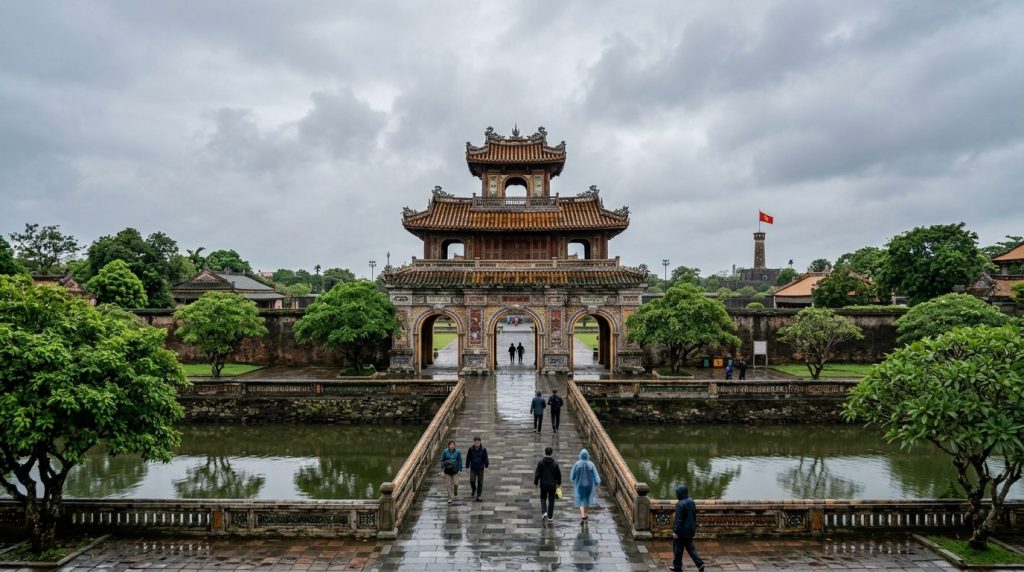 Ornate gates of Hue's Imperial City standing beneath a grey sky