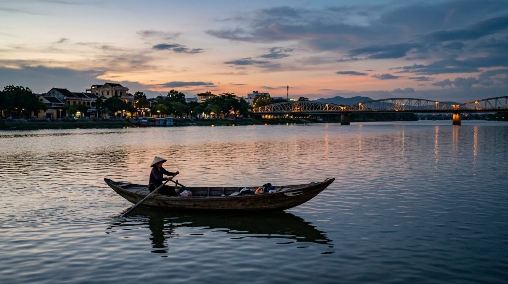 Small wooden boat drifting along the calm Perfume River in Hue