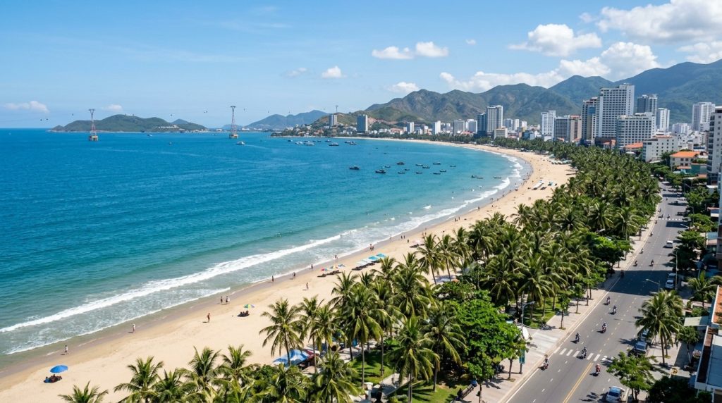 Long curved sandy beach lined with palm trees in Nha Trang, Vietnam