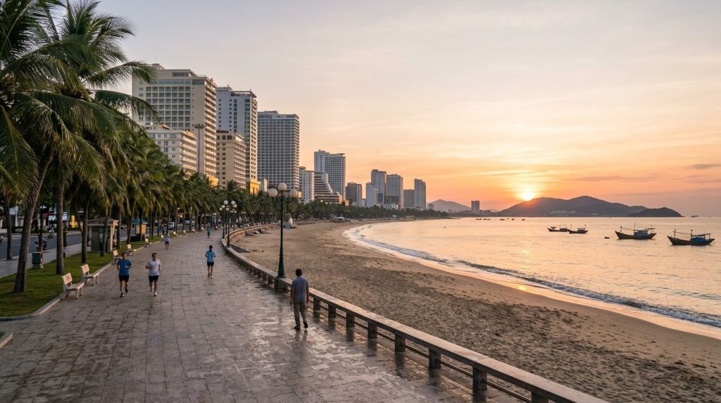 Beachfront promenade with hotels and palm trees in Nha Trang at sunrise