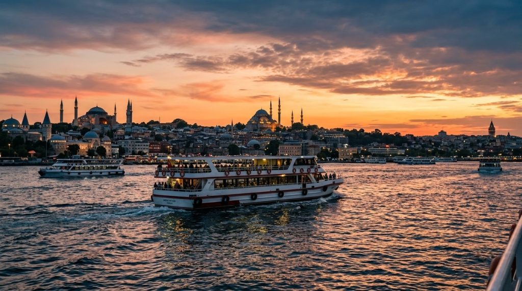 Ferries crossing the Bosphorus with the Istanbul skyline at sunset