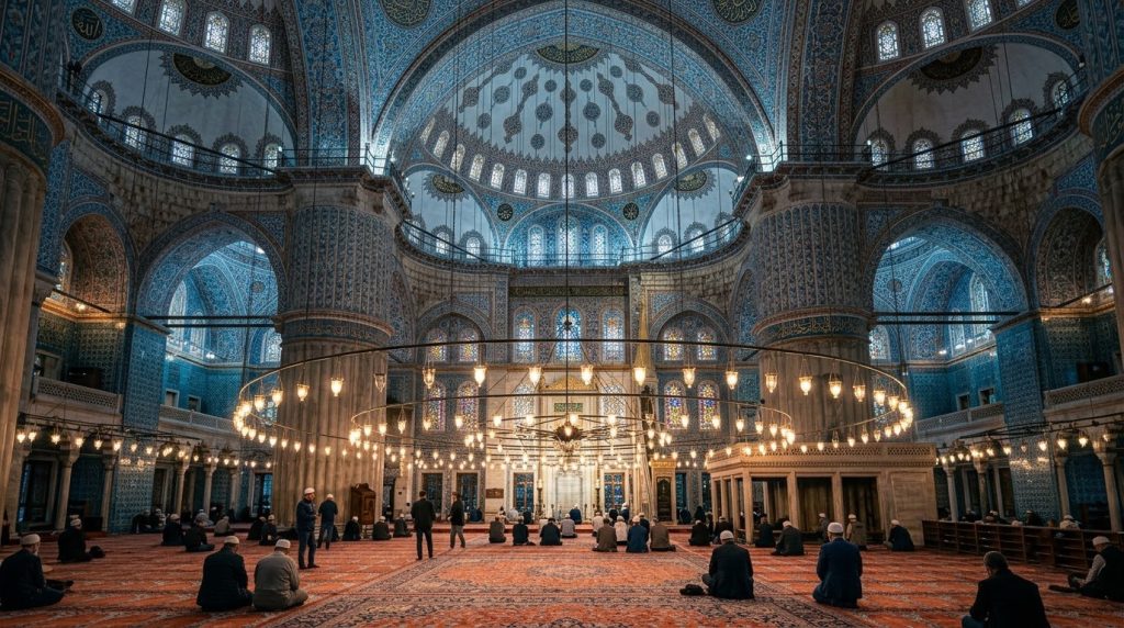 Blue-tiled interior of Istanbul's Blue Mosque lit by hanging lamps