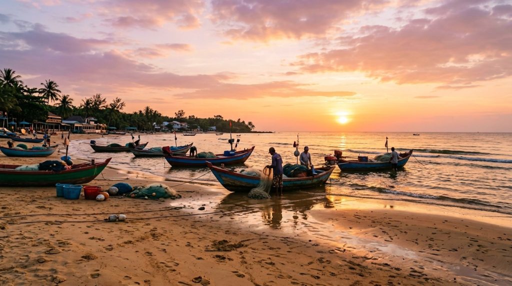 Fishing boats on Long Beach at sunset in Phu Quoc