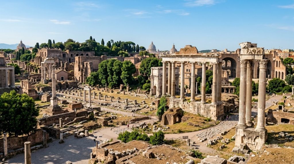 Roman Forum ruins and columns in central Rome on a sunny morning