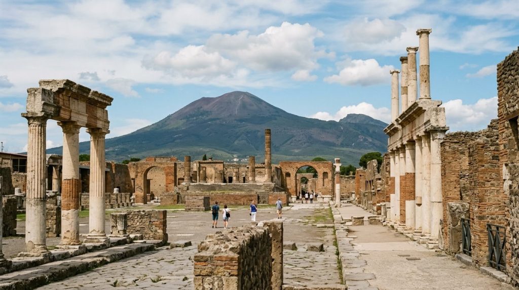 Ruins of ancient Pompeii with Mount Vesuvius in the background