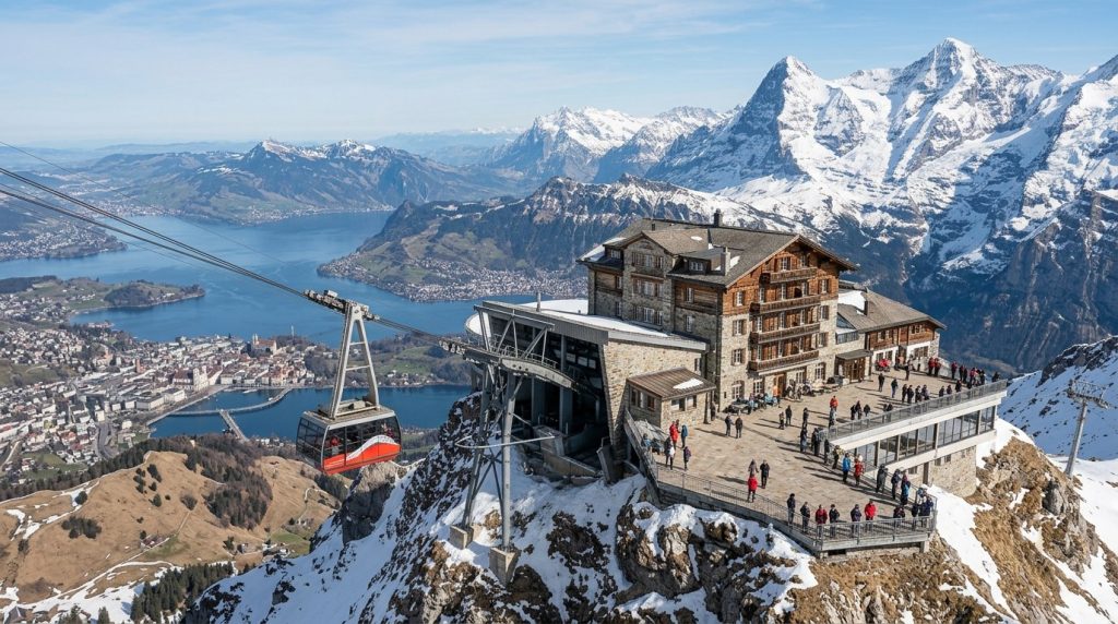 Snow-capped peaks rising above a cable car station on Mount Pilatus