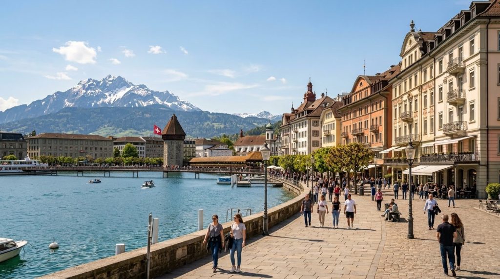 Pastel buildings lining a lakeside promenade in Lucerne on a clear day